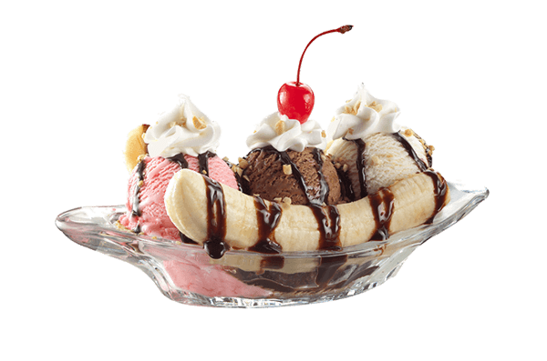 A bowl of ice cream and banana split.