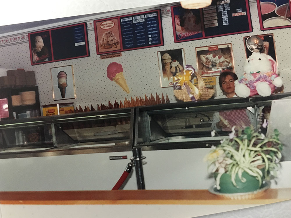 A view of a counter with ice cream on it.