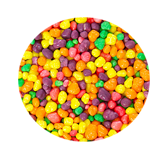 A circle of colorful candy beans on top of black background.