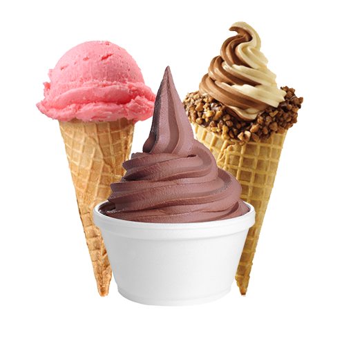 Three different ice cream cones with a chocolate and strawberry flavor.